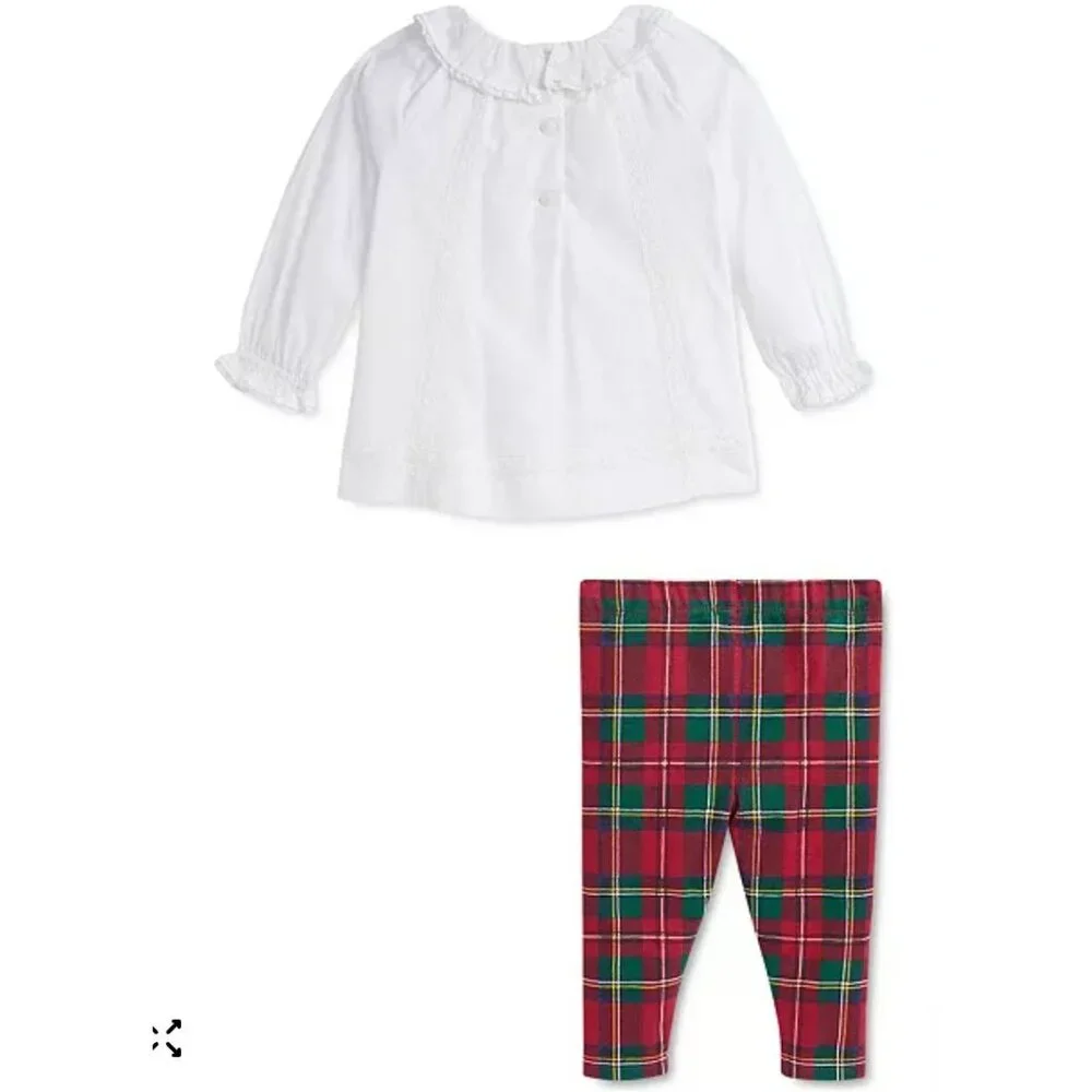 NWT Polo Ralph Lauren Baby Lace Trim Top Plaid Leggings Set Size 12M $75 [jb] - Picture 2 of 8